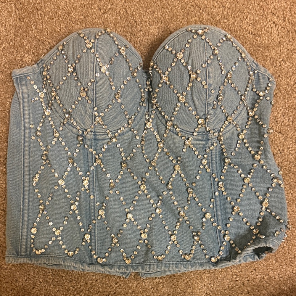 Embellished Denim Bustier Top